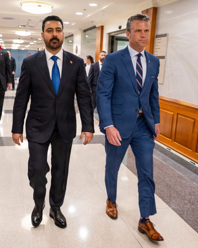 US Secretary of War Pete Hegseth welcomes Iraqi Prime Minister Ali al-Zaidi at the Pentagon, July 14, 2026